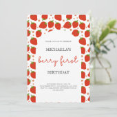 Rode aardbeien Patroon Berry Eerste Verjaardag Kaart (Staand voorkant)