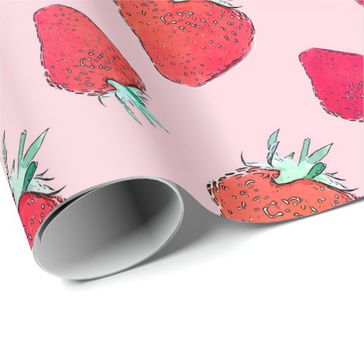  rode aardbeien - roze roze patroon  cadeaupapier (Rol Hoek)