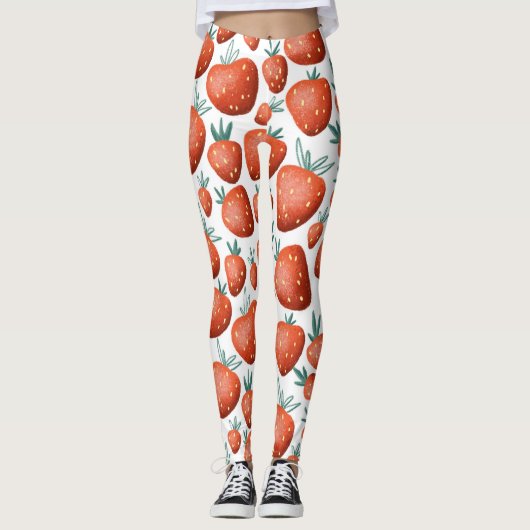Rode Aardbeien Witte Achtergrond Naadloos Leggings (Voorkant)