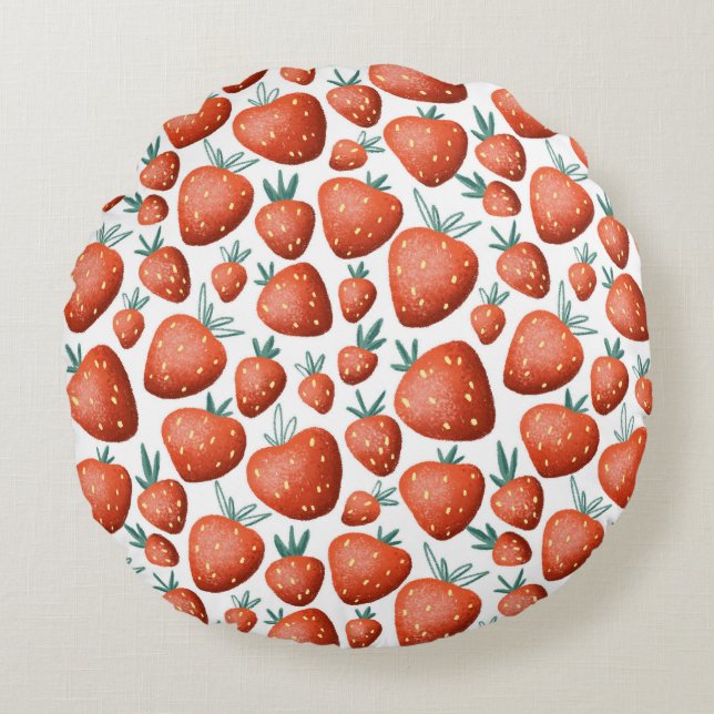 Rode Aardbeien Witte Achtergrond Naadloos Rond Kussen (Voorkant)