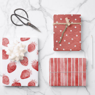 Rode Aardbeien Witte Stippen Strepen Verjaardag Inpakpapier Vel