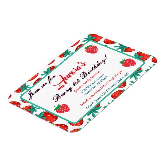 Rode aardbeienbes 1e verjaardag Keepsake Magneet (Linkerzijde)