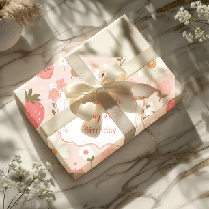 Rode aardbeienbes Eerste 1e verjaardagsfeestje Cadeaupapier