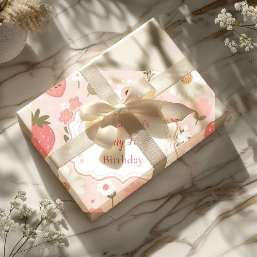 Rode aardbeienbes Eerste 1e verjaardagsfeestje Cadeaupapier