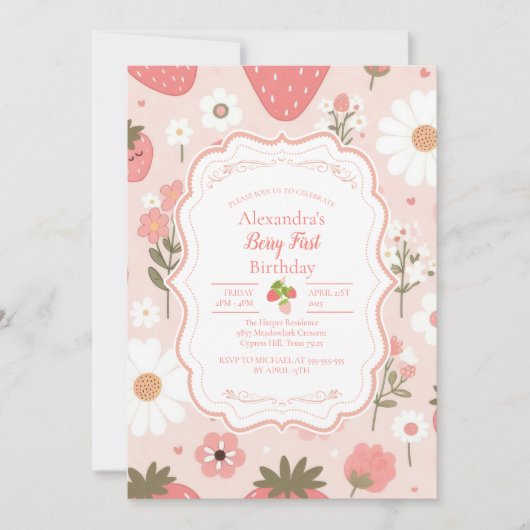 Rode aardbeienbes Eerste 1e verjaardagsfeestje Kaart (Voorkant)