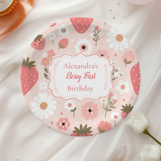 Rode aardbeienbes Eerste 1e verjaardagsfeestje Papieren Bordje