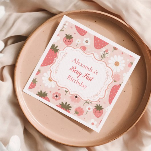 Rode aardbeienbes Eerste 1e verjaardagsfeestje Servet