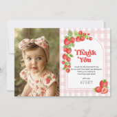 Rode aardbeienbes Eerste Verjaardag Foto Bedankkaart (Voorkant)