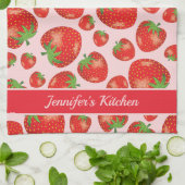 Rode aardbeienpatroon met aangepaste tekst theedoek (Gevouwen)