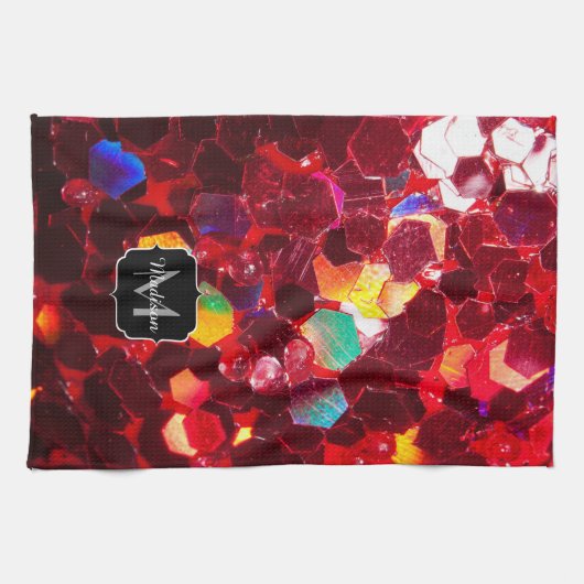 Rode abstracte mozaïekglitter Monogram Towel Theedoek (Horizontaal)