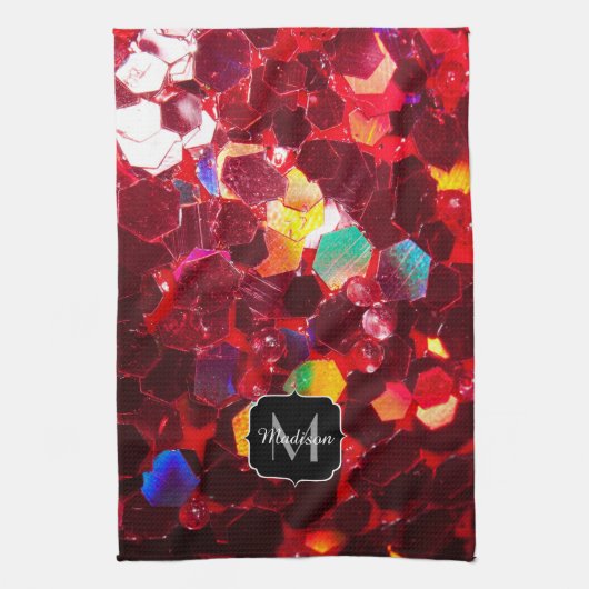 Rode abstracte mozaïekglitter Monogram Towel Theedoek (Verticaal)