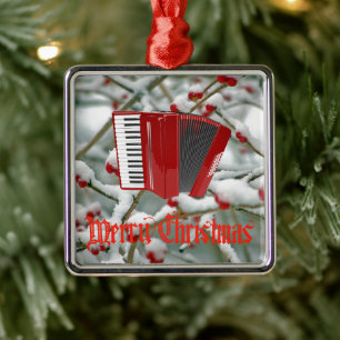 Rode Accordeon - Bessen in de Sneeuw Achtergrond Metalen Ornament