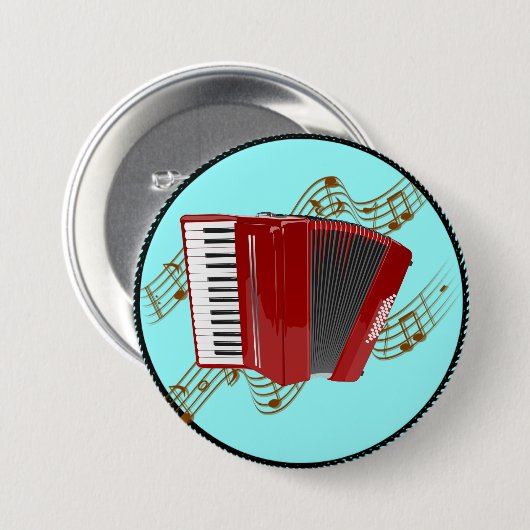 Rode accordeon (turquoise achtergrond) ronde button 7,6 cm (Voorkant /achterkant)