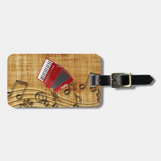 Rode accordeon, zwarte noten, gouden achtergrond bagagelabel (Voorkant horizontaal)