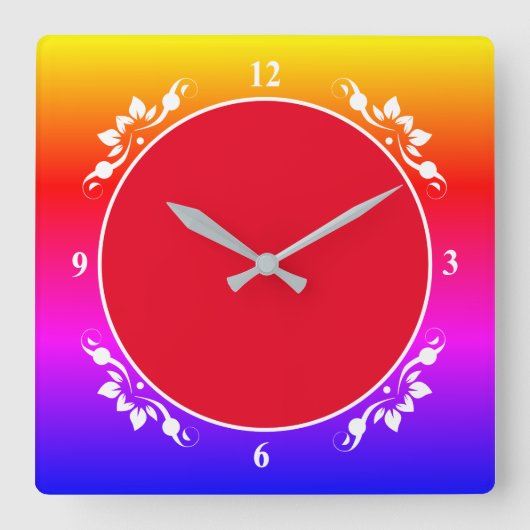 Rode achtergrond en meerkleurige klok voor rackrui (Voorkant)