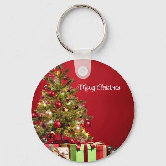Rode achtergrond met decoratieve kerstboom sleutelhanger (Voorkant)