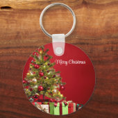 Rode achtergrond met decoratieve kerstboom sleutelhanger (Voorkant)