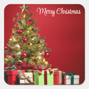 Rode achtergrond met decoratieve kerstboom vierkante sticker