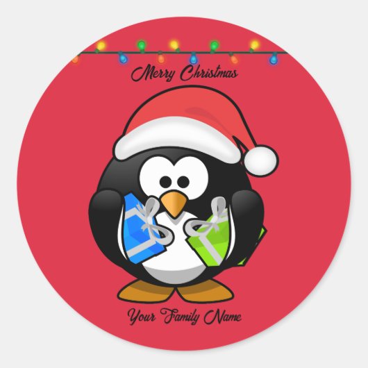 Rode achtergrond pinguïn met kerstcadeaus ronde sticker (Voorkant)