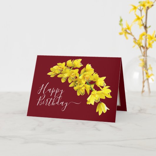 Rode achtergrond van de gele orchidee-ventilatorcl kaart (Gele Bloem)