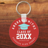 rode afstudeerder sleutelhanger met naam en klasse (Voorkant)