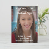 Rode afstudeerfeest bewaar datum foto save the date (Staand voorkant)