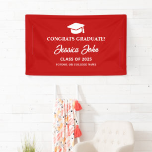 Rode afstudeerhoed Congrats op je afstuderen Spandoek