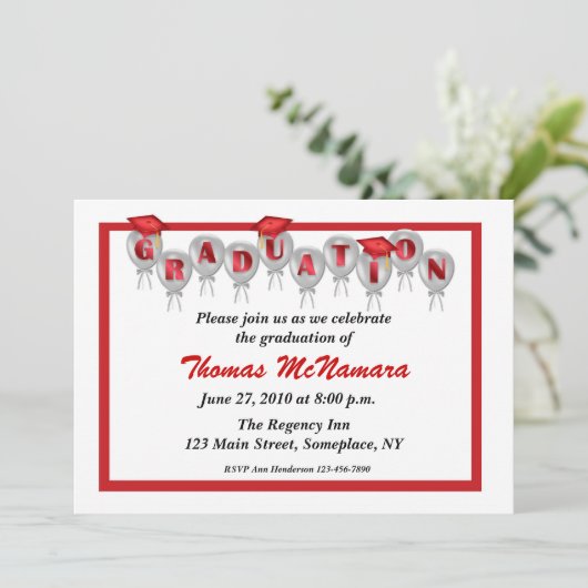 Rode Afstuderen-ballonuitnodiging Kaart (Staand voorkant)