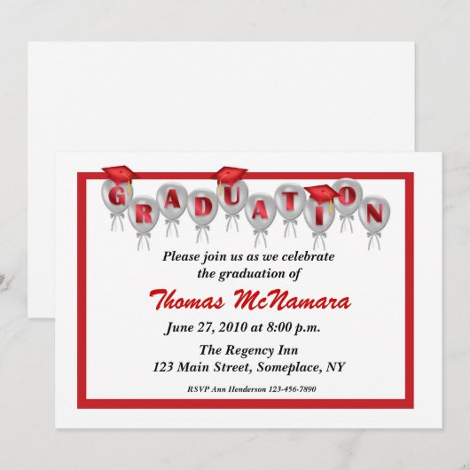 Rode Afstuderen-ballonuitnodiging Kaart (Voorkant / Achterkant)