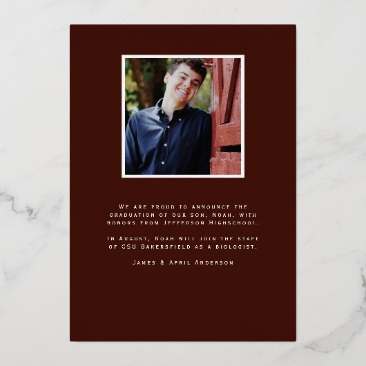 Rode Afstuderen Folie Afstuderen Fotoaankondiging Folie Uitnodiging (Achterkant)