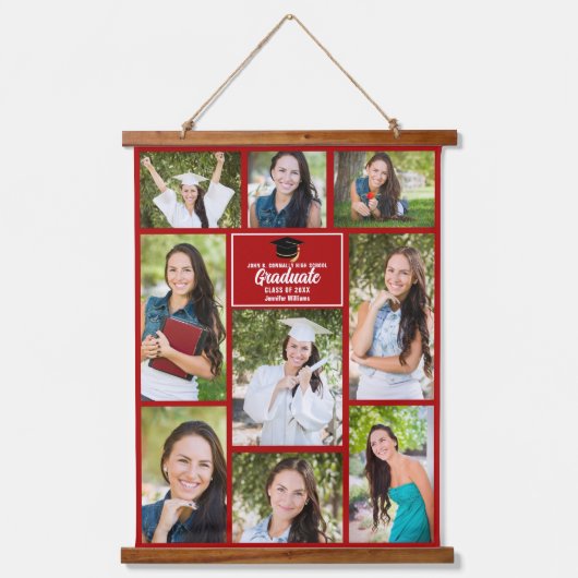 Rode Afstuderen Fotocollage Aangepaste Keepsake Hangend Wandkleed (Voorkant)