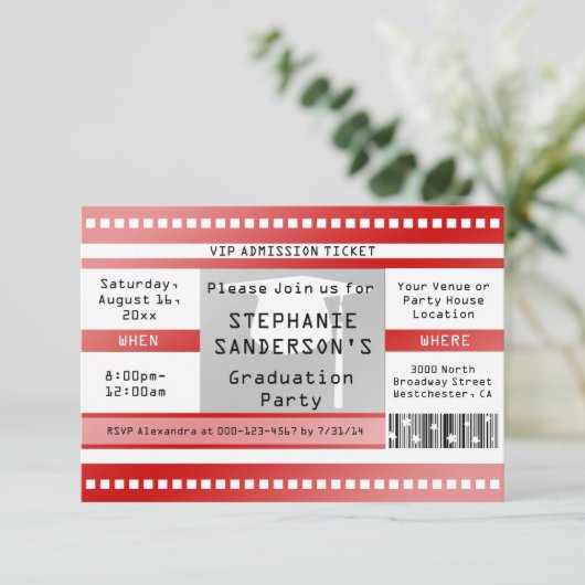 Rode Afstuderen of Ticket voor toelating van parti Kaart (Staand voorkant)