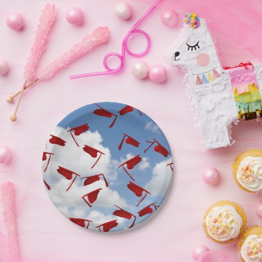 rode afstuderen petten in de lucht papieren bordje (Feest)