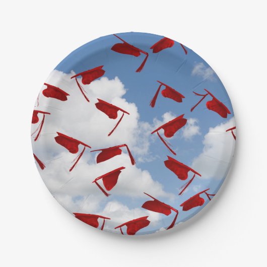 rode afstuderen petten in de lucht papieren bordje (Voorkant)