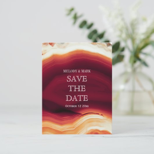 Rode agaat geode herfst bruiloft Save the Date Aankondigingskaart (Staand voorkant)
