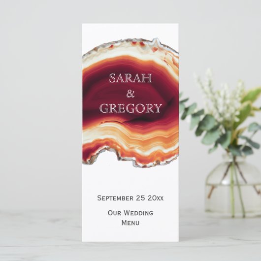 Rode agaat slice, geode moderne herfst bruiloft me menu (Staand voorkant)