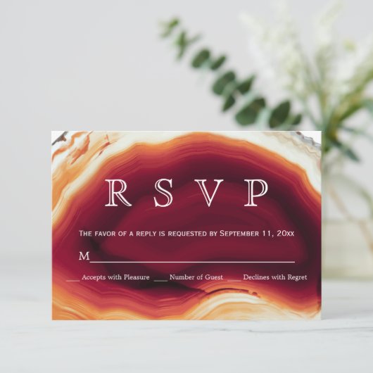 Rode agaat slice, herfst kleuren moderne bruiloft  RSVP kaartje (Staand voorkant)