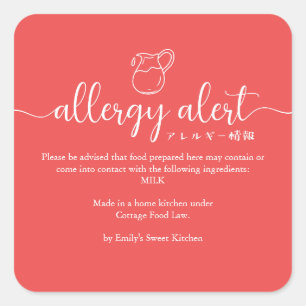 Rode Allergie Waarschuwing Melk Minimalistisch Vierkante Sticker