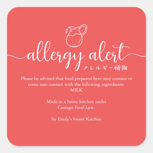 Rode Allergie Waarschuwing Melk Minimalistisch Vierkante Sticker (Voorkant)
