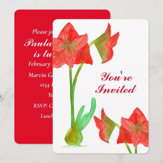 Rode Amaryllis Bloemen 50ste Verjaardag Uitnodigen Kaart (Voorkant / Achterkant)