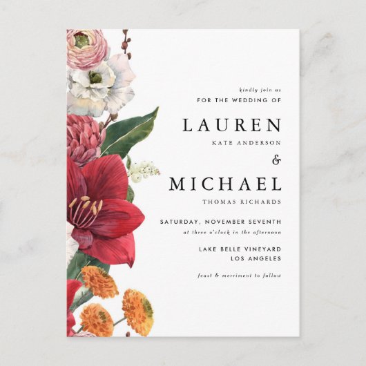 Rode Amaryllis en Herfst Bloemen QR Code Trouwen Uitnodiging Briefkaart (Voorkant)