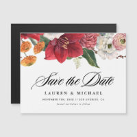 Rode amaryllis en herfstbloemen slaan de datum op