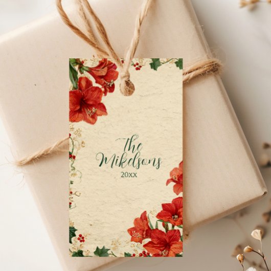 Rode Amaryllis Kerst in landelijke stijl Cadeaulabel