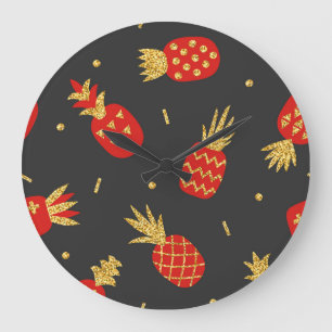 Rode ananas, glitter, zwarte achtergrond. grote klok