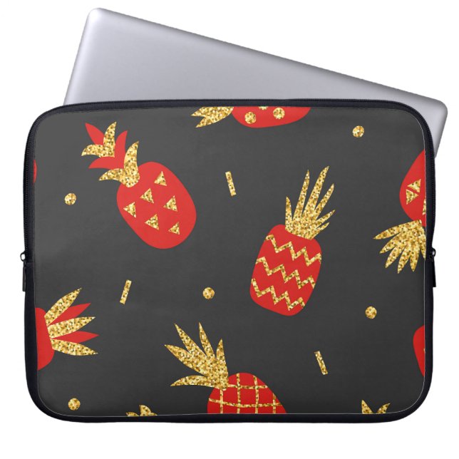 Rode ananas, glitter, zwarte achtergrond. laptop sleeve (Voorkant)