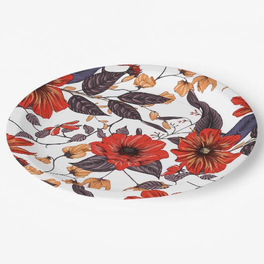 Rode anemone goudkleurige paarse bladgroen papieren bordje (Gekanteld)