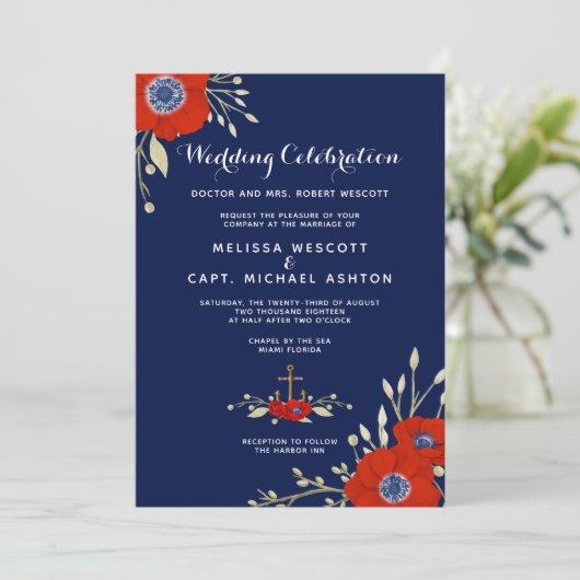 Rode Anemone Nautical Navy Bruiloft Formal Kaart (Staand voorkant)