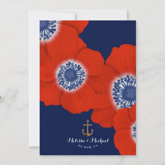 Rode Anemone Nautical Navy Bruiloft Formal Kaart (Achterkant)