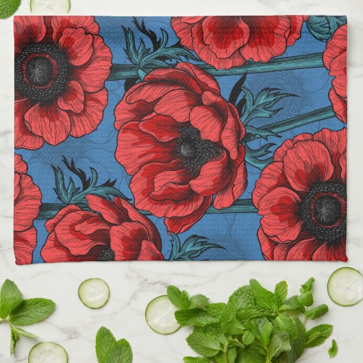 Rode anemontuin theedoek (Gevouwen)
