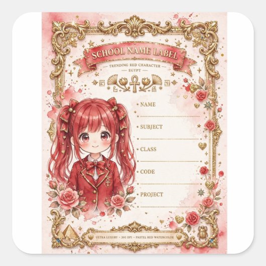 Rode Anime Meisje School Label (Voorkant)